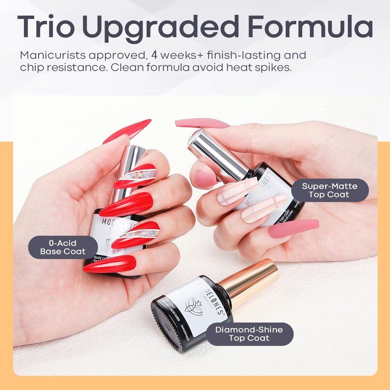 modelones Gel Base Top Coat Set 3 Pcs, Glossy and Chrome Proof Matte Top Coat No Wipe Shiny Clear Gel Polish Long Lasting High Gloss & Velvet Matte DIY Home Soak Off Manicure Gift for Women