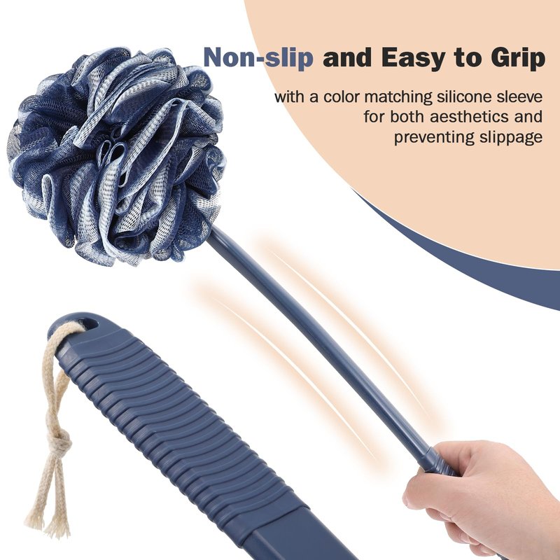 ROLIZOE Loofah With Handle Back Scrubber for Shower, Non-Slip 17" Plastic Handle, Hand Shower & Loofah on a Stick Sponge Set, Deep Blue With White Edge