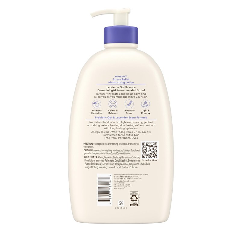 Aveeno Stress Relief Moisturizing Body Lotion with Prebiotic Oat & Lavender Scent for Sensitive Skin, Calms & Relaxes with 48 Hour Hydration, Fast Absorbing & Non-Greasy, 33 fl. oz