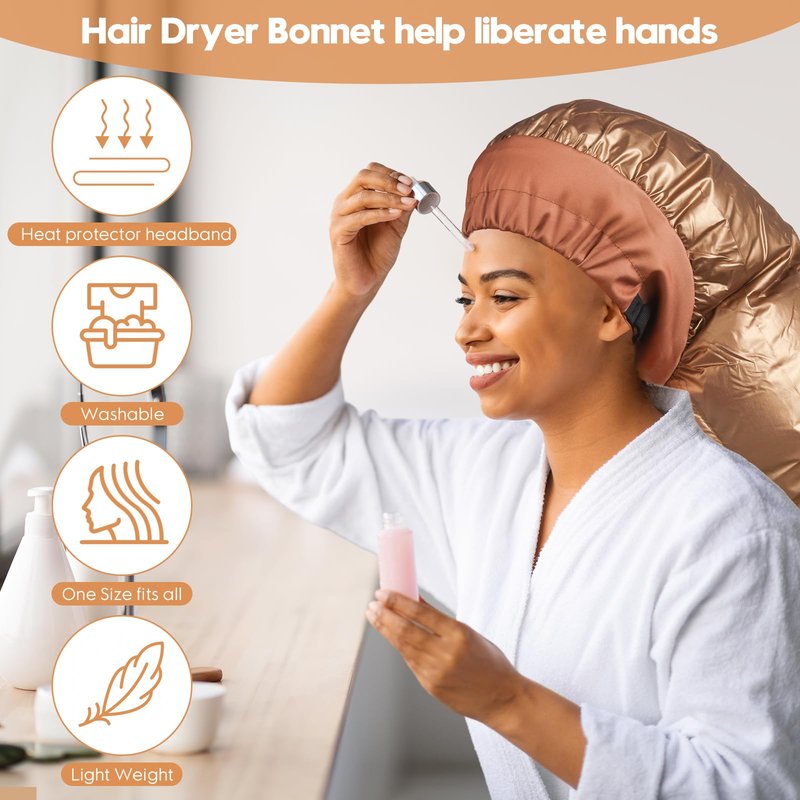 Bonnet Hair Dryer Attachment with Adjustable Headband-Large Hooded Hair Dryer Cap for Drying Fast at Home,Easy to use for Hair stying,Curling Hair Care Fast Drying (Gold)