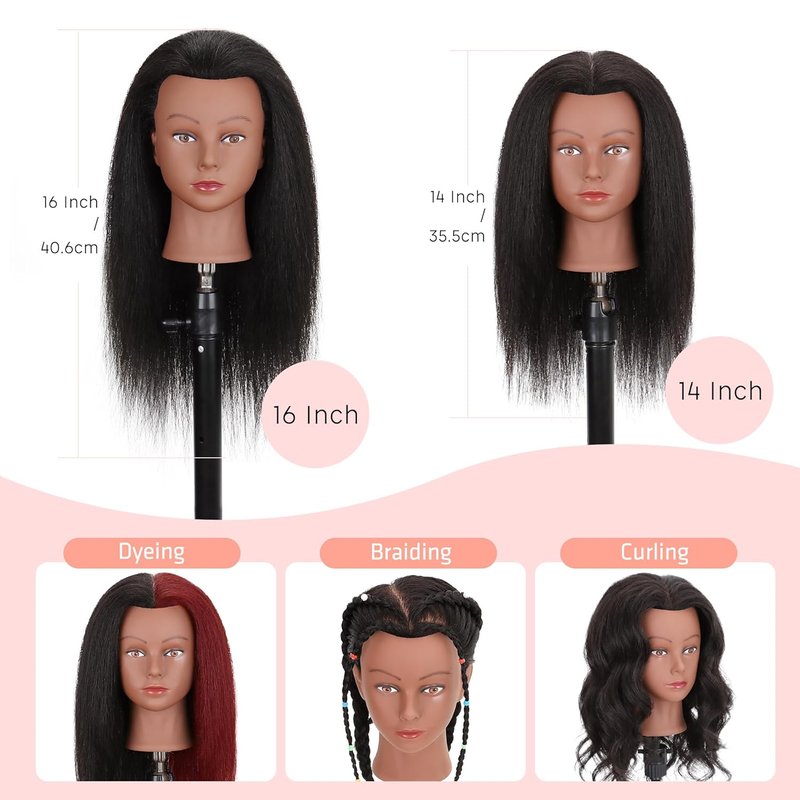Mannequin Head 100% Real Human Hair 16", Mannequin Head Human Hair Cosmetology Doll Head for Hair Styling, Manikin Head for Braiding with Clamp Holder（Black）
