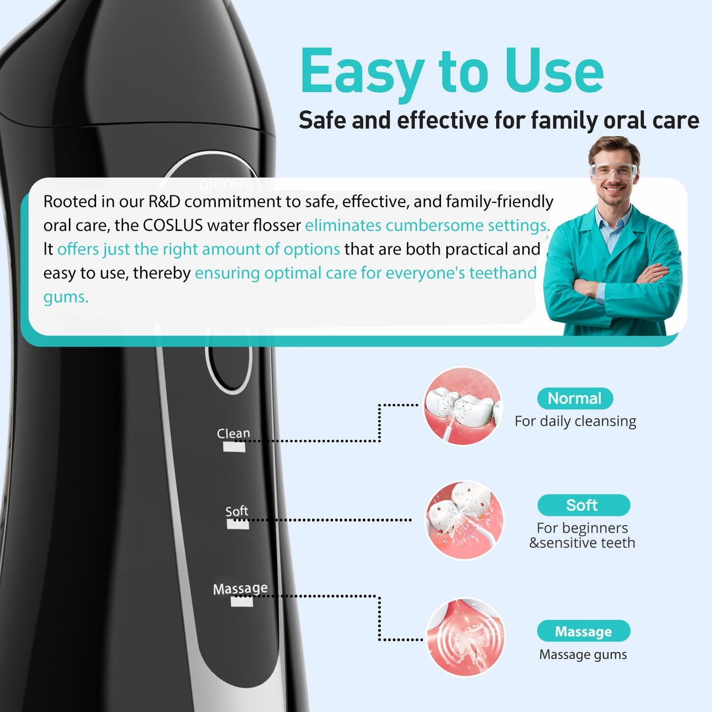 COSLUS Water Dental Flosser Teeth Pick C20: ADA Accepted, Portable Cordless Oral Irrigator 300ML Rechargeable Travel Irrigation Cleaner IPX7 Waterproof Electric Flossing Machine for Teeth, Black