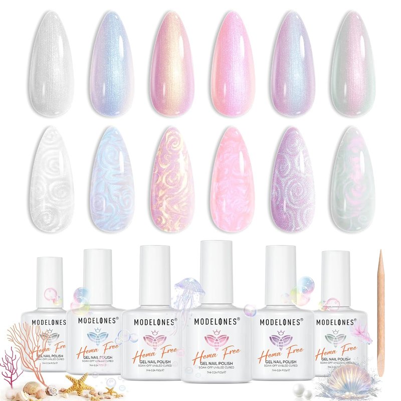 Modelones Pearl Gel Nail Polish Set - Hema-Free 6 Colors with Iridescent Shimmer & Mermaid Glitter | DIY Gift Set