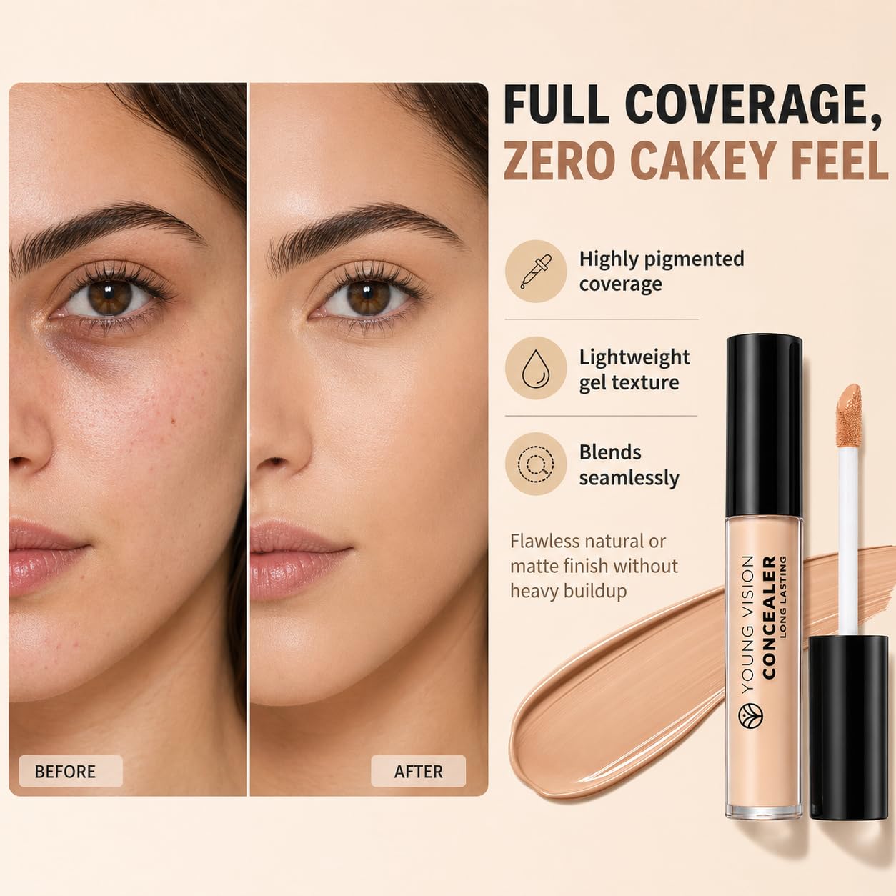Young Vision Full Coverage Liquid Concealer - Waterproof Under Eye Corrector for Dark Circles & Blemishes | Fair Neutral