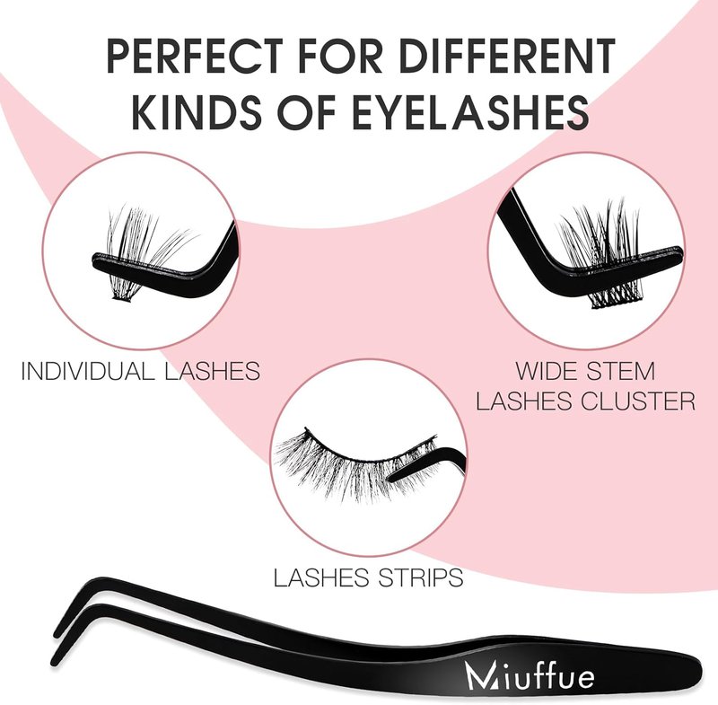 Eyelash Applicator Tool - Stainless Steel Curved Tweezers for Cluster Lashes | Black