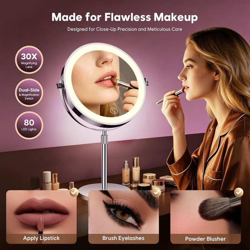Makeup Mirror with Lights - 1X/30X Double-Sided Magnifying Mirror, Brightness Adjustable, 360° Rotation | Ideal Gift for Women