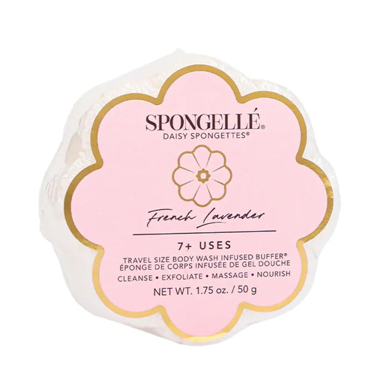 Spongellé French Lavender Daisy Spongette Bath Sponge | Built-in Body Wash & Body Scrubber, Shower Loofah Sponge for Women, Travel Essentials | 7+ uses