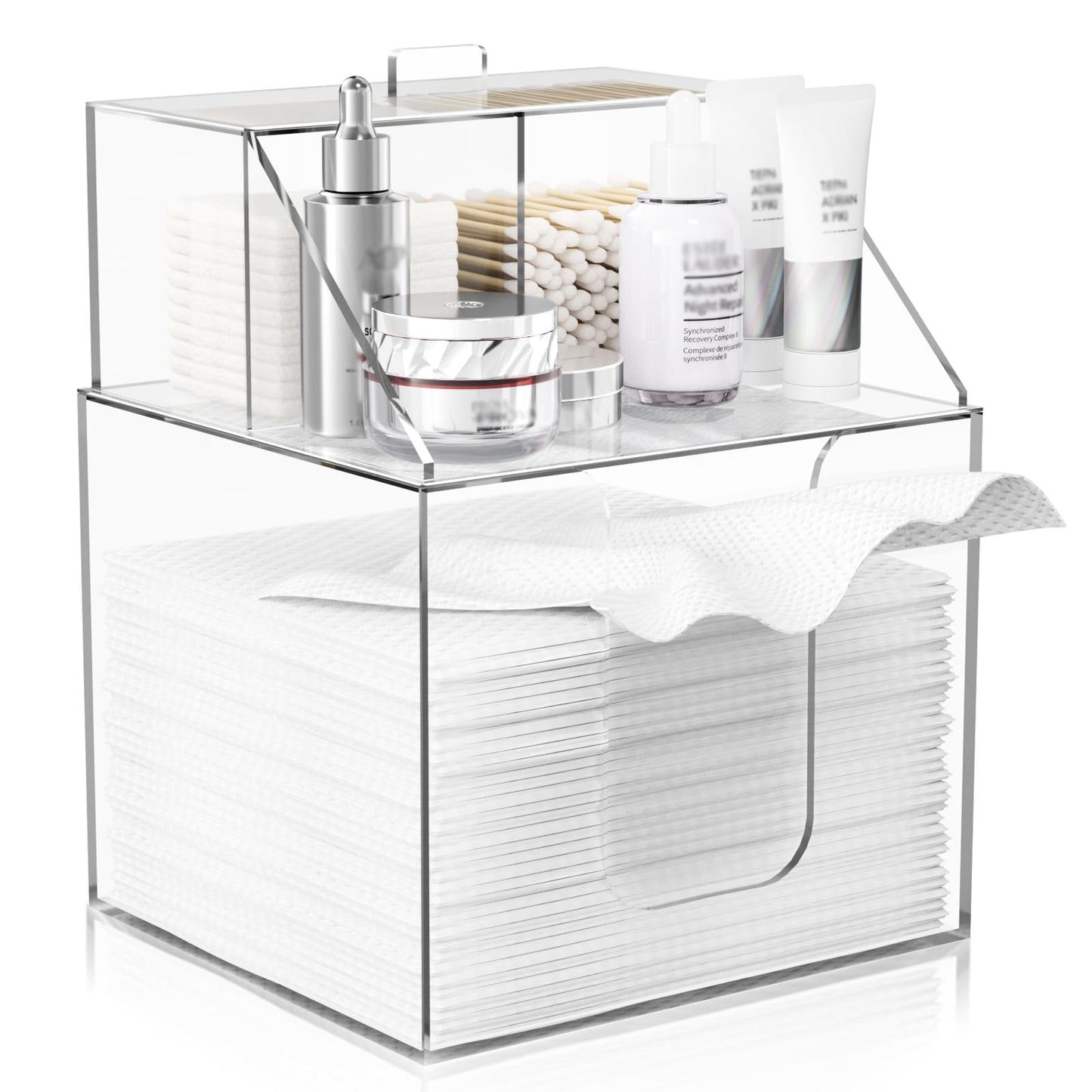 TAINESS Disposable Facial Towels Storage Box Compatible with Clean Skin Club Clean Towel XL-Cotton Pads-Swabs Upgraded Double Layer Face Towel Holder Acrylic Storage Container Valentine's Day Gifts
