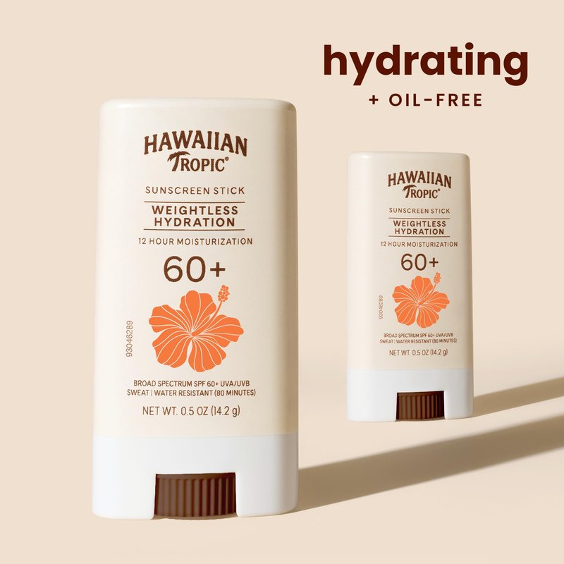 Hawaiian Tropic Weightless Hydration Sunscreen Stick SPF 60+ | Travel Size Sunscreen for Face and Body, Mini Sunblock Stick, Beach Essentials, Oil Free, Non Comedogenic Dermatologist Tested, 0.5oz