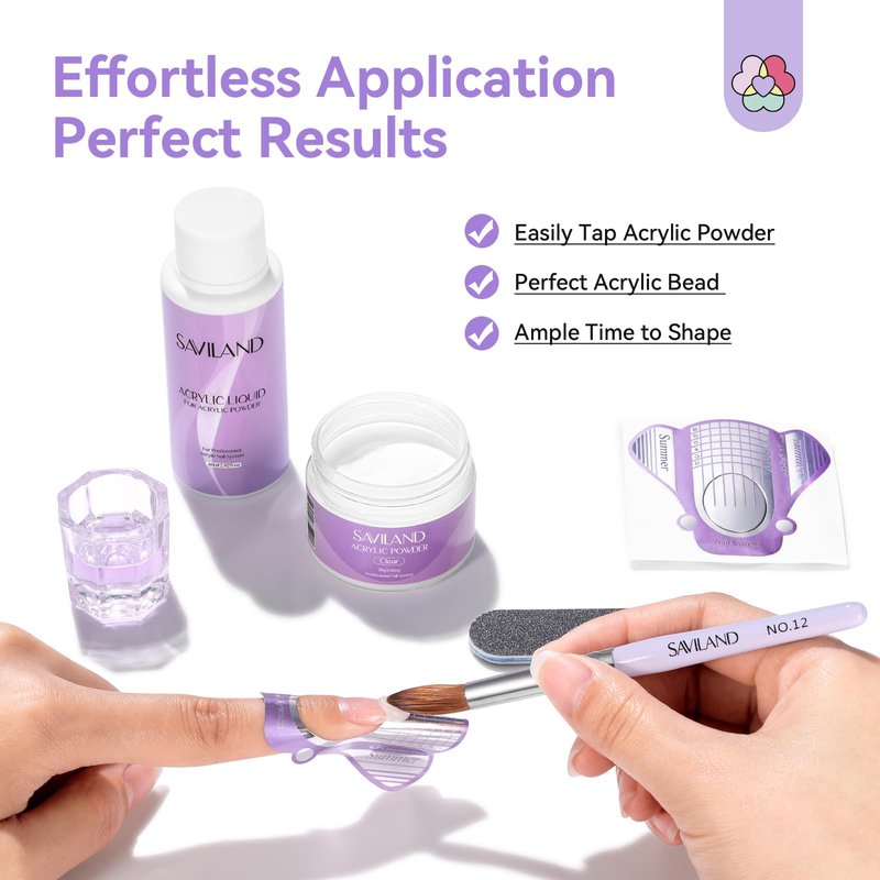 SAVILAND Acrylic Nail Kit for Beginners: Nails Kit Acrylic Set with 30g Clear Acrylic Powder and Liquid, Brush, Forms, File, Dappen Dish for Extensions & 3D Nail Art Sculpting, Home DIY Salon Manicure