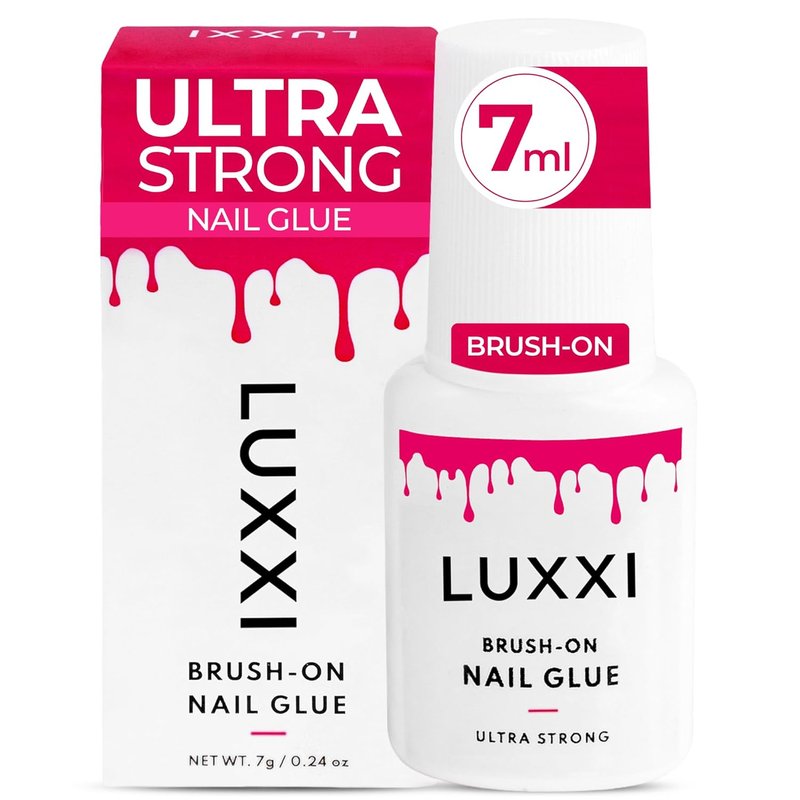 LUXXI Brush-On Nail Glue - Quick-Drying Adhesive for Press-On Nails | Precision Applicator, 0.24oz, Pink Gel