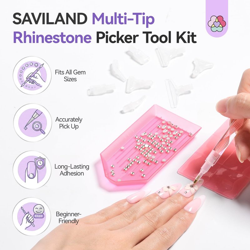 SAVILAND 4-in-1 Rhinestone Picker Tool Kit: 2Pcs Rhinestone Tool Handle Dual-Ended Applicator Pen with 12 Replacement Tips Clay All in 1 Diamond Painting Pen for Nail Art DIY Beginners Professionals