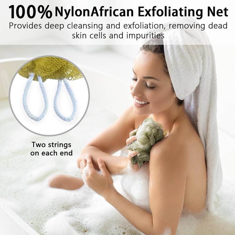 African Net Sponge Authentic with Knots - African Exfoliating Net Sponge with Handles for Body Scrubber Exfoliator - Real Africa Back Wash Bath Sponges for Shower Machine Washed & Bathing Accessories