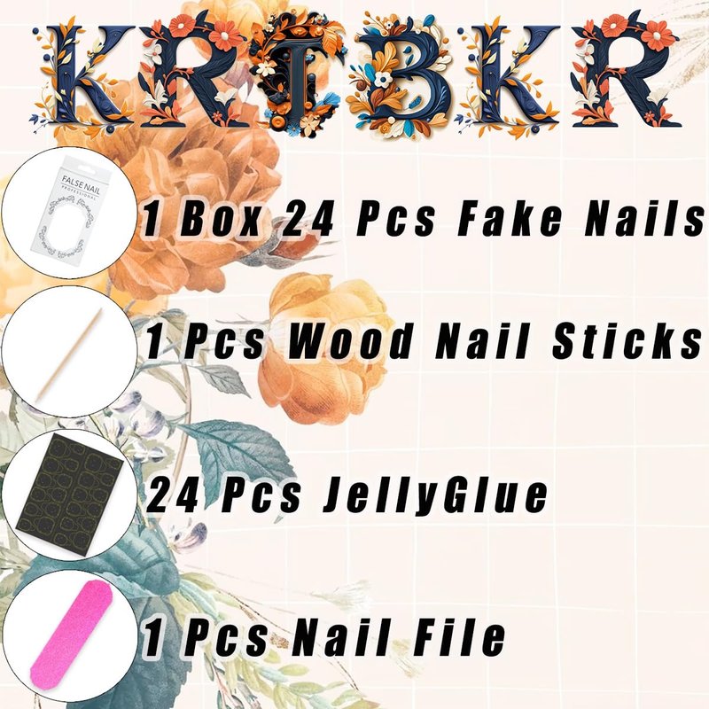 Flower Press On Nails - 24 Pcs Medium Almond 3D Floral Design with Gold Lines | Full Cover French Tip