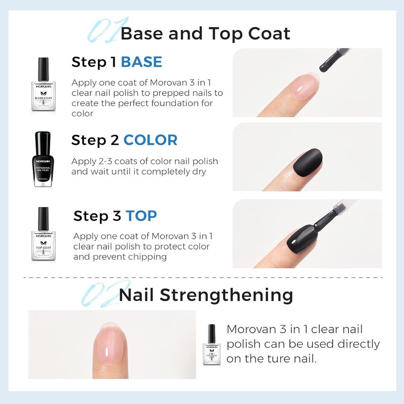 Morovan Nail Strengthener - 3-in-1 Base Coat & Top Coat for Quick-Dry, Long-Lasting Shine | Clear Nail Polish