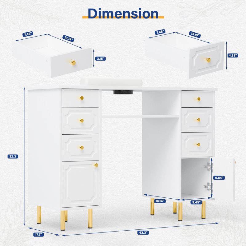OmySalon White & Gold Accent Nail Desk for Nail Tech, Manicure Table with Electric Dust Collector, Storage Drawers & Wrist Cushion, Acetone Resistant for Salon and Home Nail Station