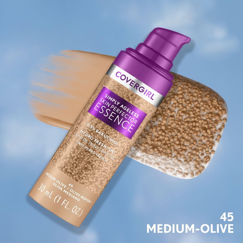 Covergirl Simply Ageless Skin Perfector Essence Foundation, 45 Medium-Olive, Tinted Skincare Makeup Hybrid, Sheer Tint, Radiant Finish, Glowy Finish, Vegan Formula, 1.0oz