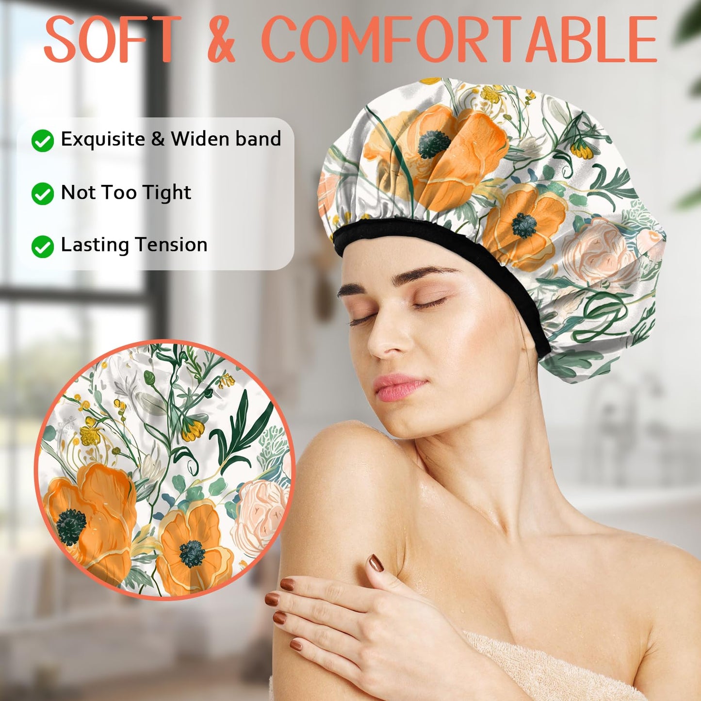 Cabreche Luxury Shower Cap Terry Lined Reusable Triple Layer Waterproof Hair Elastic Caps Shower Bath Hat for Women Girls Cute Aesthetic-Orange Flower