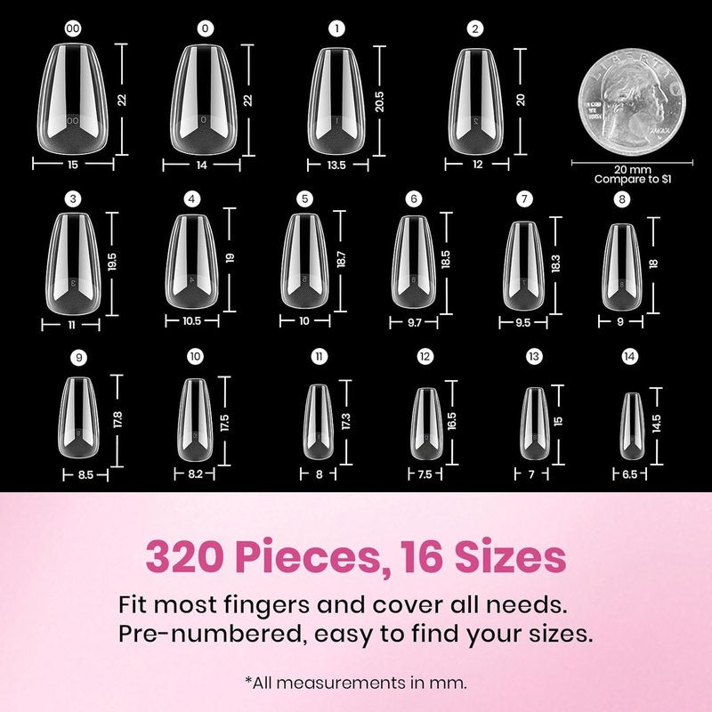 Beetles Gel Nail Tips - Short Coffin Shape, 320pcs in 16 Sizes | Pre-Etched Half Matte Acrylic Press-On Nails for Easy DIY Art