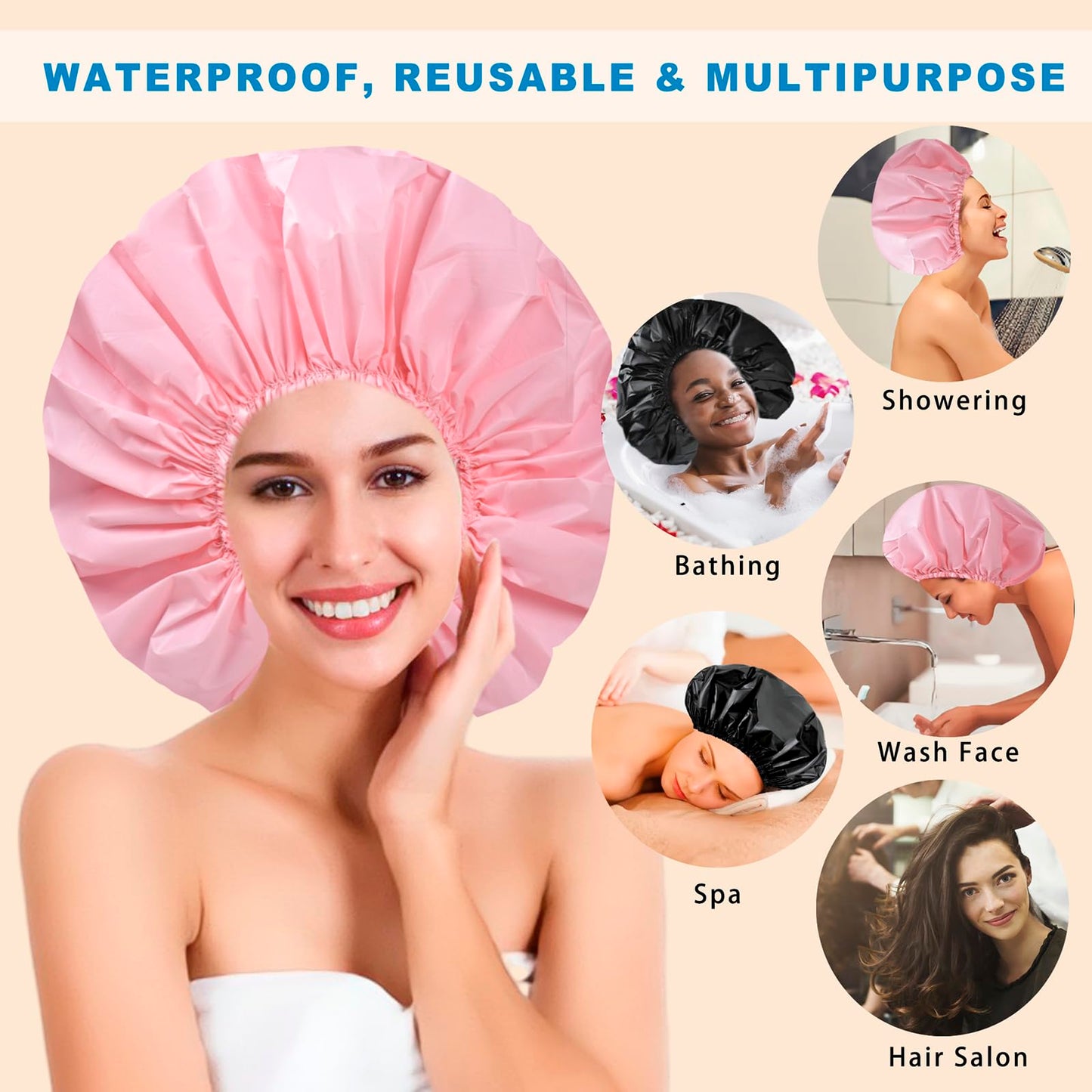 Extra Large Shower Cap 2 PCS Waterproof Shower Caps for Women, Super Jumbo Shower Cap, Reusable Super Large Bath Caps Hair Cap for Long Thick Curly Hair, Locs, Twist Braids - Black + Pink
