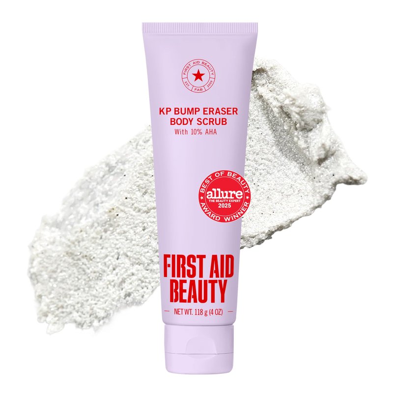 First Aid Beauty KP Bump Eraser Body Scrub with 10% AHA - Dermatologist-Tested Keratosis Pilaris Exfoliator - Support for Rough Bumps, Uneven Skin Texture & Strawberry Skin - Sensitive Skin - 4 oz