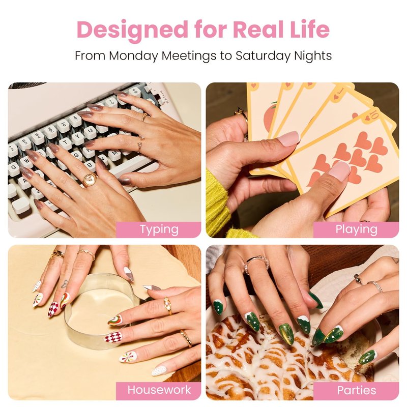 Nail Reformation Press On Nails, Pink Roses Medium Almond Fake Nails with Lace & Pearl on Nude Base in Glossy Finish, Reusable Stick On Nails in 15 Sizes - 30 Nail Kit, Manicure Gifts for Women