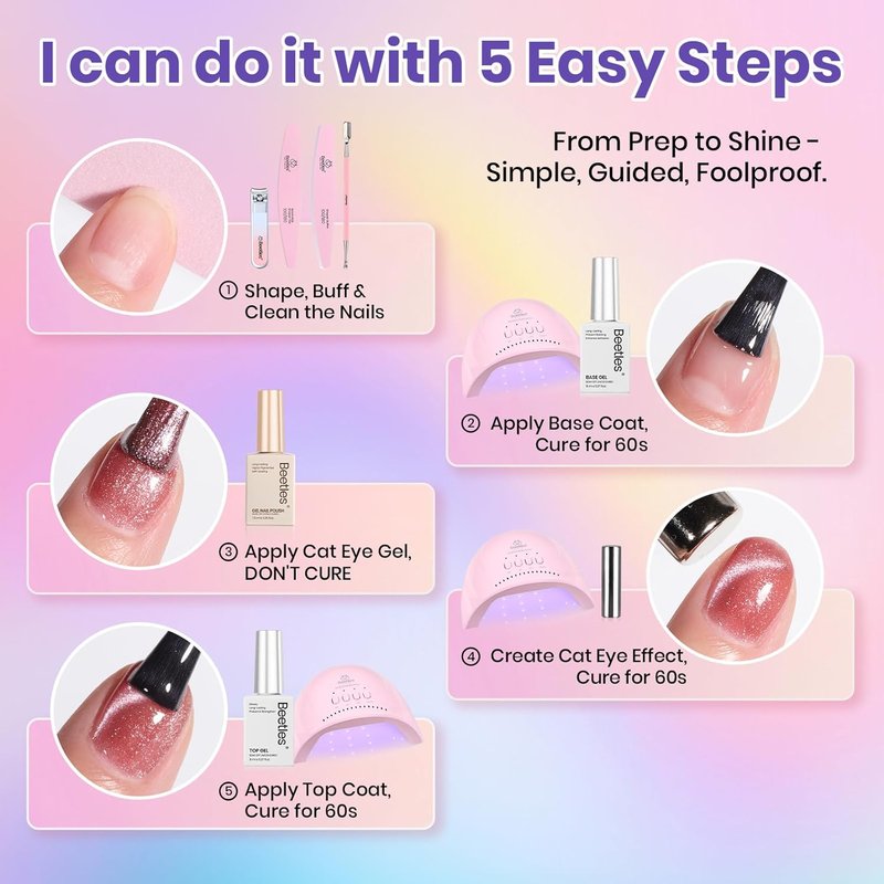 Beetles Gel Nail Kit - 96 Pcs Cat Eye Polish Set with UV Light & DIY Magnet | 20 Colors for Stunning Nail Art