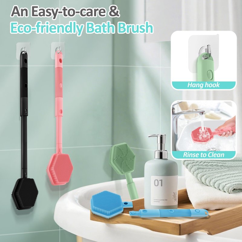 GEENOA Silicone Back Scrubber for Shower, 16''-21''Extendable Shower Back Scrubber with Dual-Side Large Brush Head, 3-Length Back Brush Bath Brush with Strong Handle & Rich Foaming Bristles(Black)
