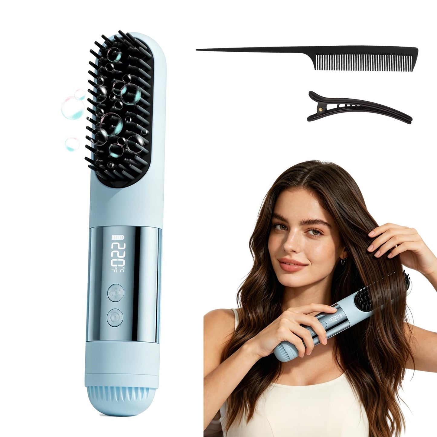 sniqafo Upgraded Go Brush Pro, 3 Heat Settings for All Hair Types, 30s Fast Heat, Ionic & Ceramic Care, Cold Air Mode On The Back, 2500mAh USB-C,2026 Rechargeable Straightening Brush