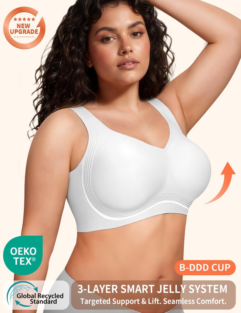 PoseFree Wireless Bras for Women Full Coverage Bra Full Support and Lift No Underwire Back Smoothing Bralette Everyday Bra (White,XL)