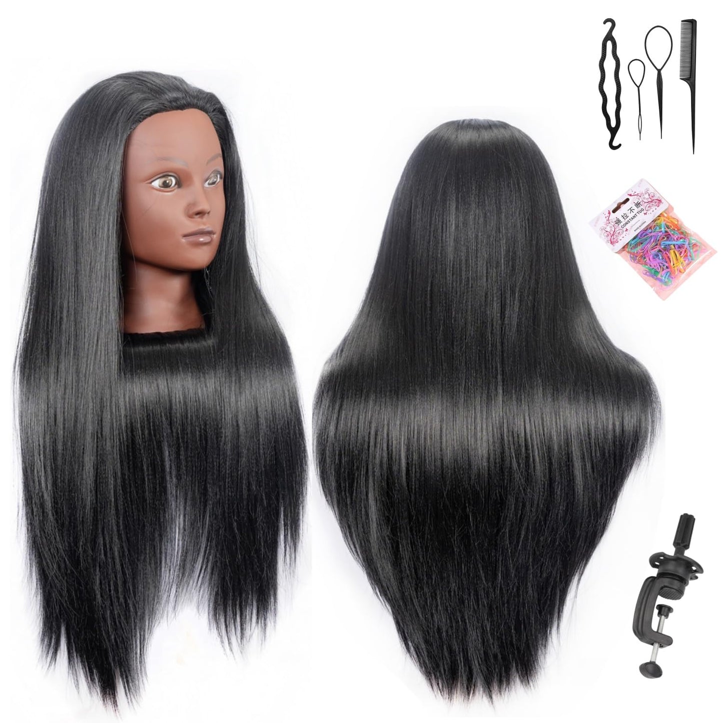 Training Head 26"-28'' Mannequin Head Hair Styling Manikin Cosmetology Doll Head Synthetic Fiber Hair Hairdressing Training Model Free Clamp Exquisite Gifts (black)