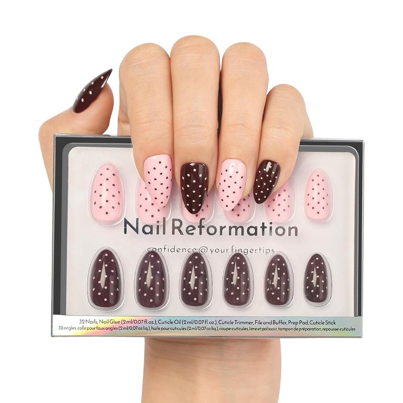 Nail Reformation Press On Nails - Double Dip Polka Dot Short Almond Fake Nails | Rich Brown & Creamy Pink, Glossy Finish, 16 Sizes - 32 Nail Kit for Women