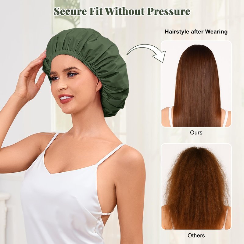 Shower Cap for Women Waterproof Reusable, Large Shower Cap Non-Slip with Elastic Band, Washable Bath Hair Hat for Long Hair, Braids (Dark Green)