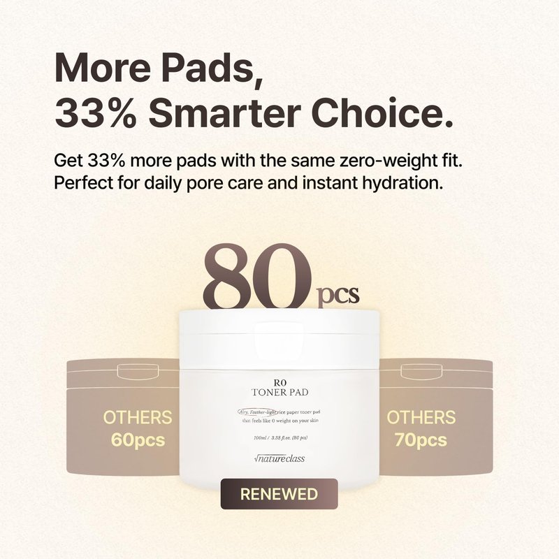 NATURECLASS R0 Exfoliating Toner Pads – Hydrating Face Pads for Pore Care, Hyaluronic Acid, Korean Skin Care, Sensitive Dry Skin, Rice Water, Vegan, 80 Count