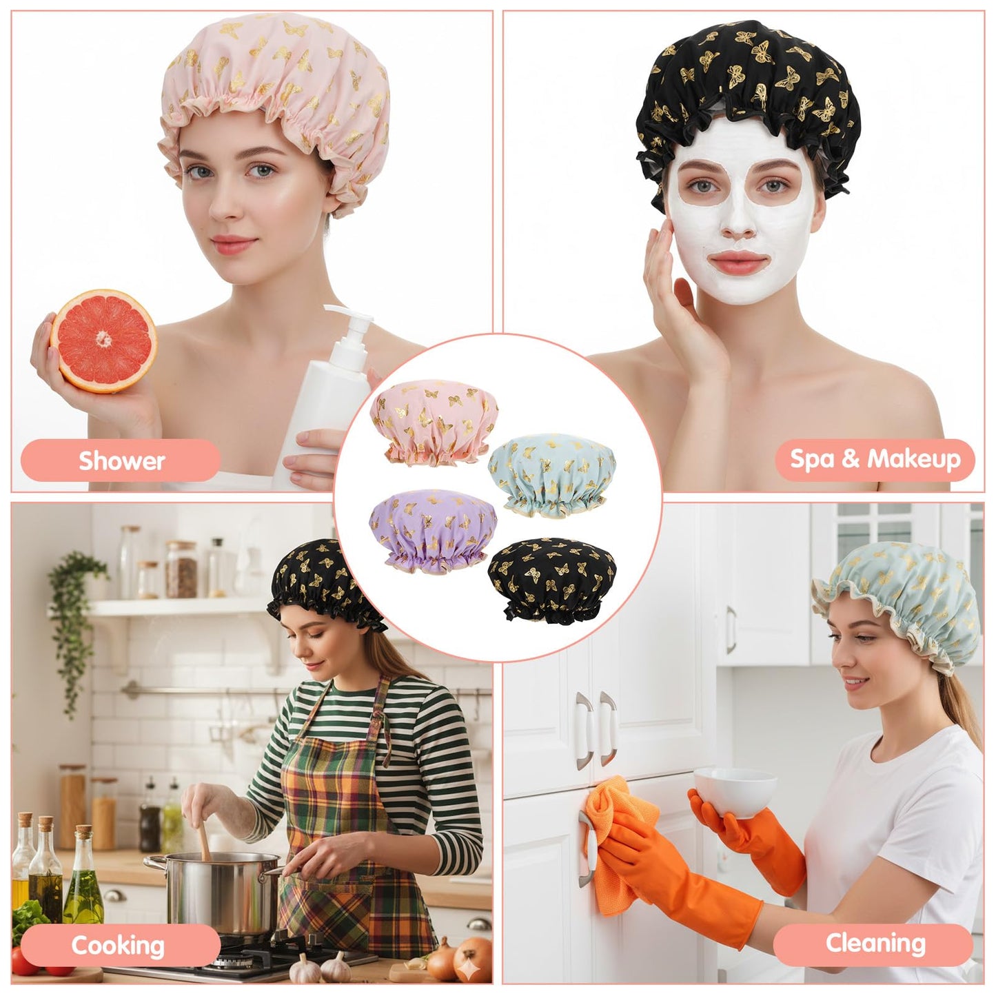 Yuanchu 4 Pcs Waterproof Shower Caps for Women, Elastic Band Bath Caps Reusable Shower Hat Double Layer Shampoo Cap for Washing Hair Bathing SPA Makeup Cooking
