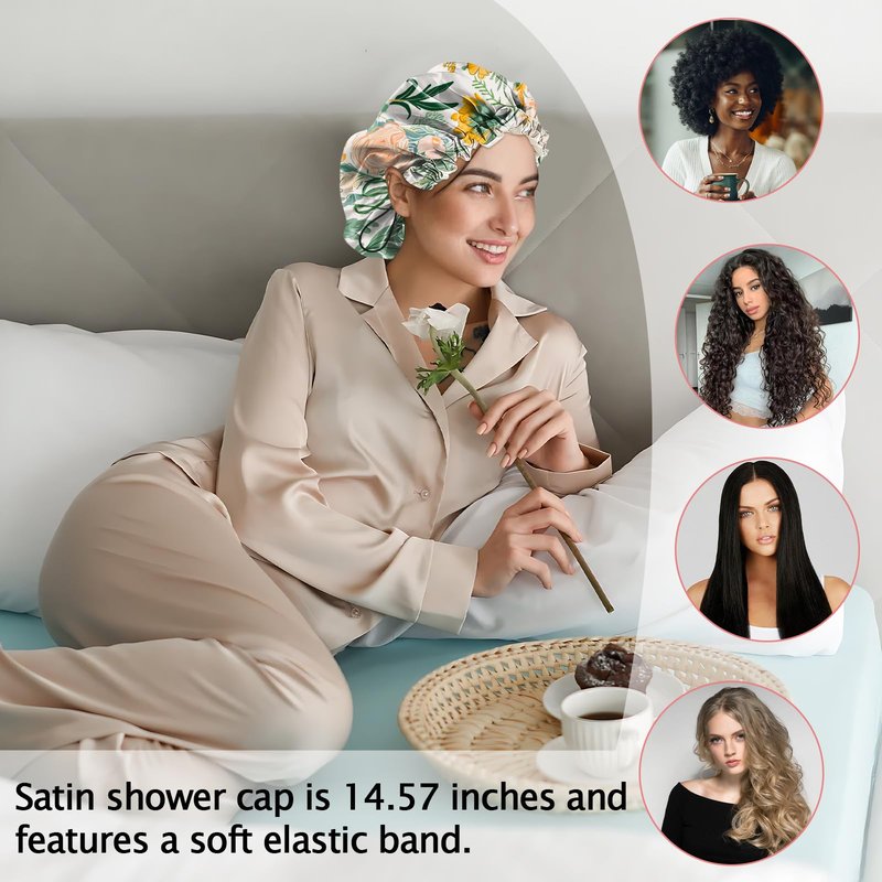 Cabreche Luxury Shower Cap Satin Silk Lined Adjustable Elastic Reusable Waterproof Shower Bath Cap Cute for Women Girls-Orange Flower