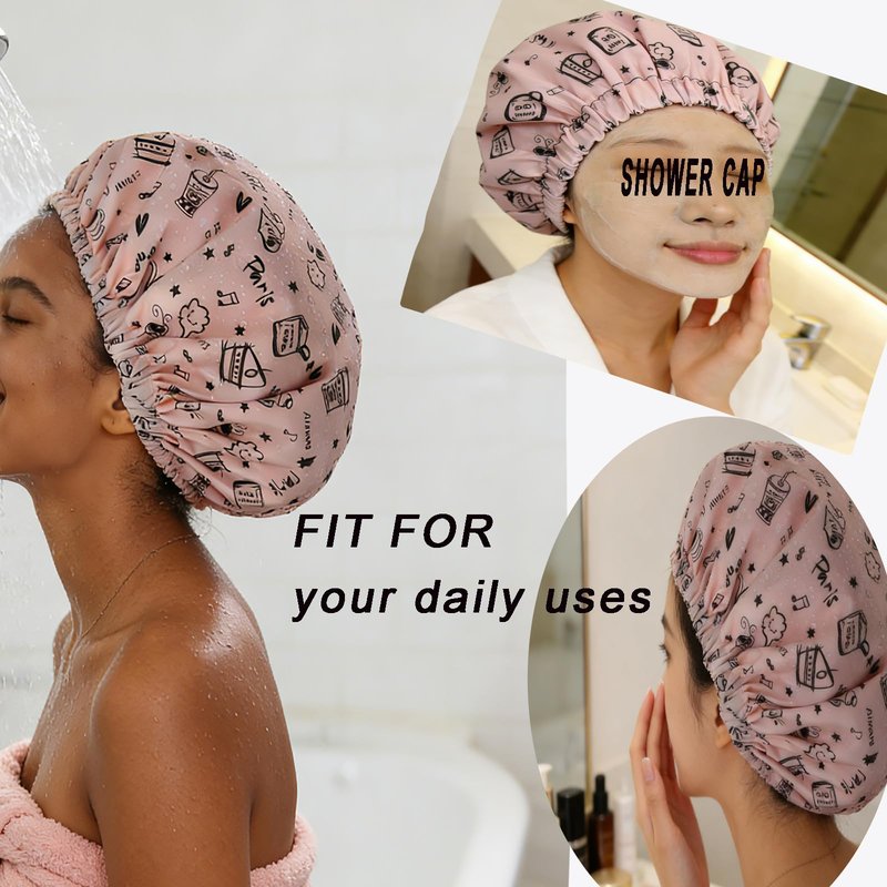 2Pcs Genergy Luxury Satin lined Shower Cap With Scrunchy and Packing Bag Waterproof Baths Cap For All Hair Lengths Frizz Free Reusable Adjustable Large Double Layers Cap for Women Shower Spa Travel