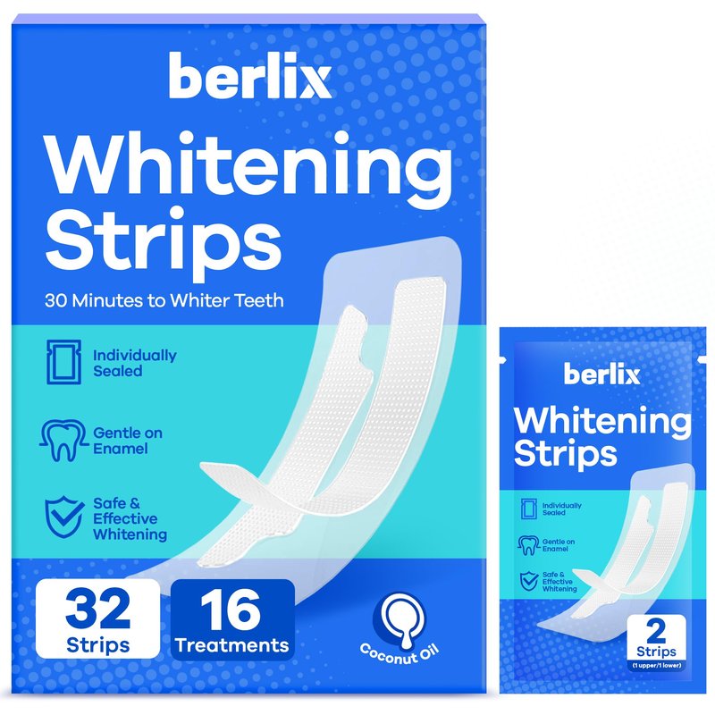 Berlix Teeth Whitening Strips (16 Treatments, 32 Count), Enamel Safe for Teeth Whitener, Whitening Strips with Coconut Oil, Formulated to Be Gentle & Non Slip and Quick-Dry, Stains Removal