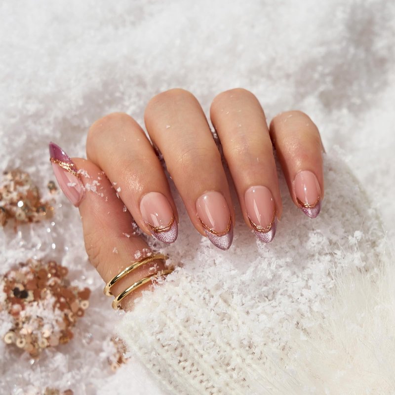BTArtbox French Tip Press On Nails - Pink Aurora, Lamp-Curable 3D Gold Line Short Almond Press On Nails with Glue and Adhesive Tabs for Women in 16 Sizes - 32 Soft Gel Glue On Nails Kit
