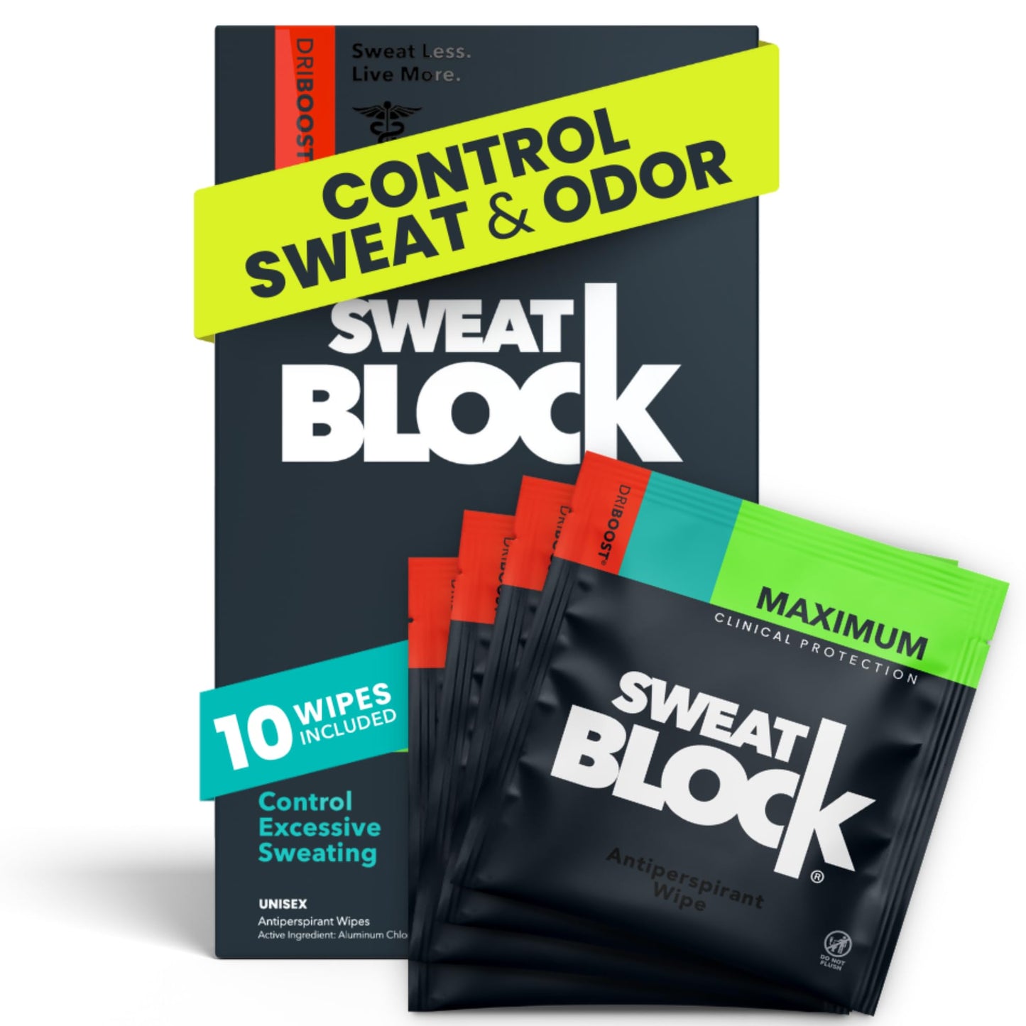 SweatBlock Antiperspirant Underarm Wipes for Men & Women - Clinical Strength for Hyperhidrosis & All-Day Sweat Control - Stop Sweating w/ up to 7-Day Protection per Wipe - Unscented - Pack of 10 Wipes