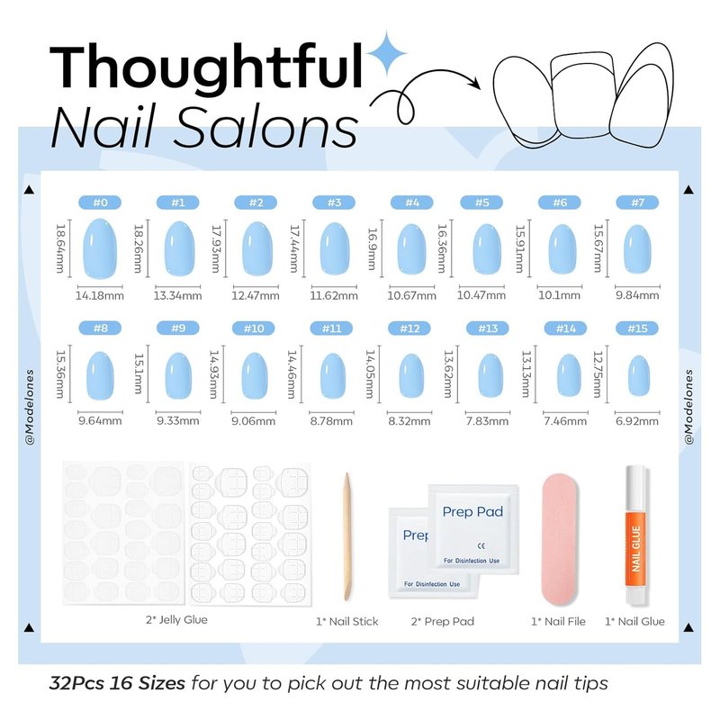 Modelones Blue Oval Press-On Nails Kit - 32 Pcs with Glue, Adhesive Tabs & Nail File | Perfect Spring Gift for Women