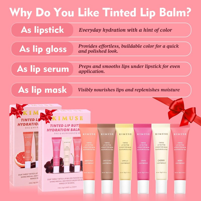 KIMUSE 6 Pcs Tinted Lip Butter Hydration Balm Set, 6 Flavored Shades Hydrating Plumping Gloss with Hyaluronic Acid & Vitamin E, Sheer Tint, Non-Sticky | Vegan Lip Care Makeup for Dry Lips & Daily