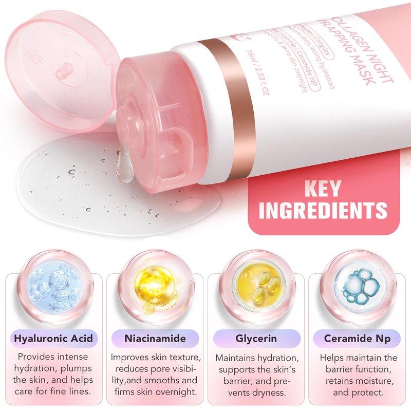 Shuangjia Collagen Night Wrapping Mask with Brush 2.53 fl.oz, Collagen Overnight Wrapping Peel Off Facial Mask Pack, Reduces Sagging & Dullness - Hydrolyzed Collagen For Glowing Skin, For Glass Skin