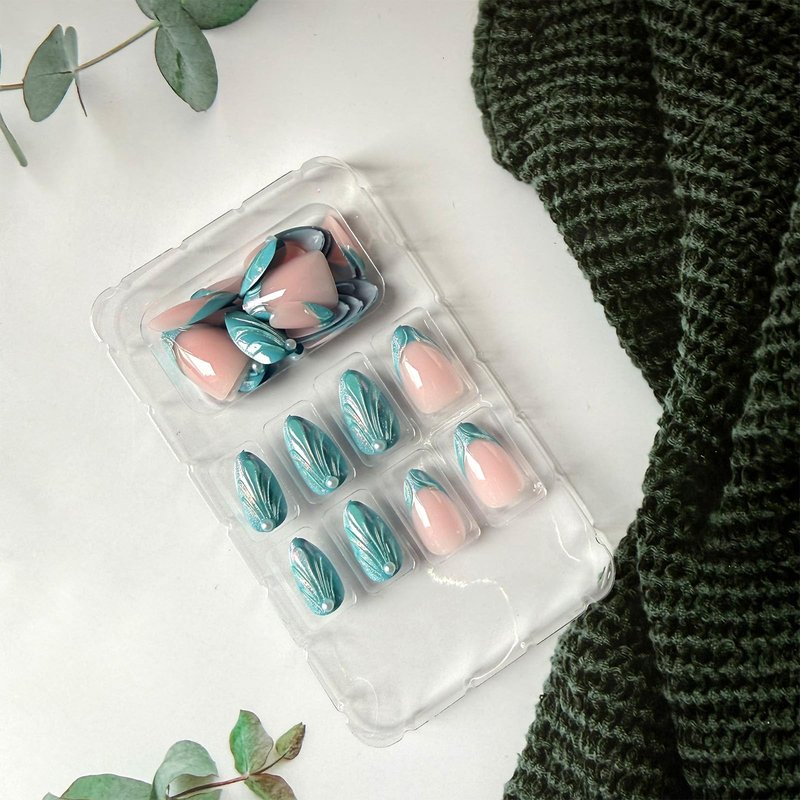 30Pcs Short Almond Press on Nails 3D Blue French Tip Fake Nails with Aurora Glitter Designs Ocean Press on False Nails Pearl Acrylic Nail Full Cover Artificial Stick on Nail for Women
