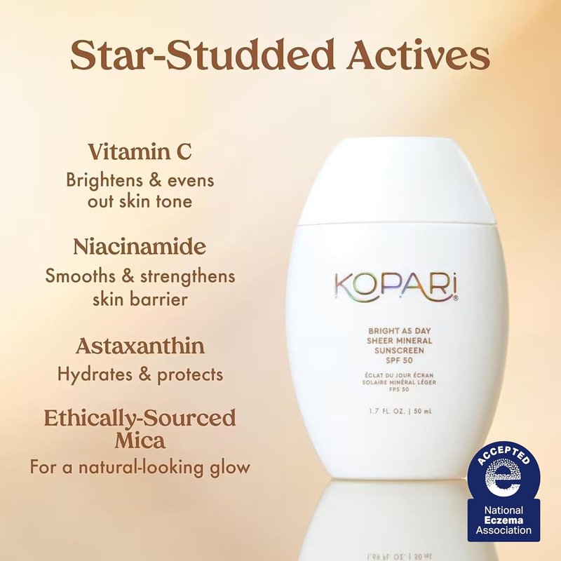 Kopari Bright As Day Mineral Sunscreen SPF 50 - 100% Mineral Formula with Vitamin C & Niacinamide | 1.7 oz for All Skin Tones