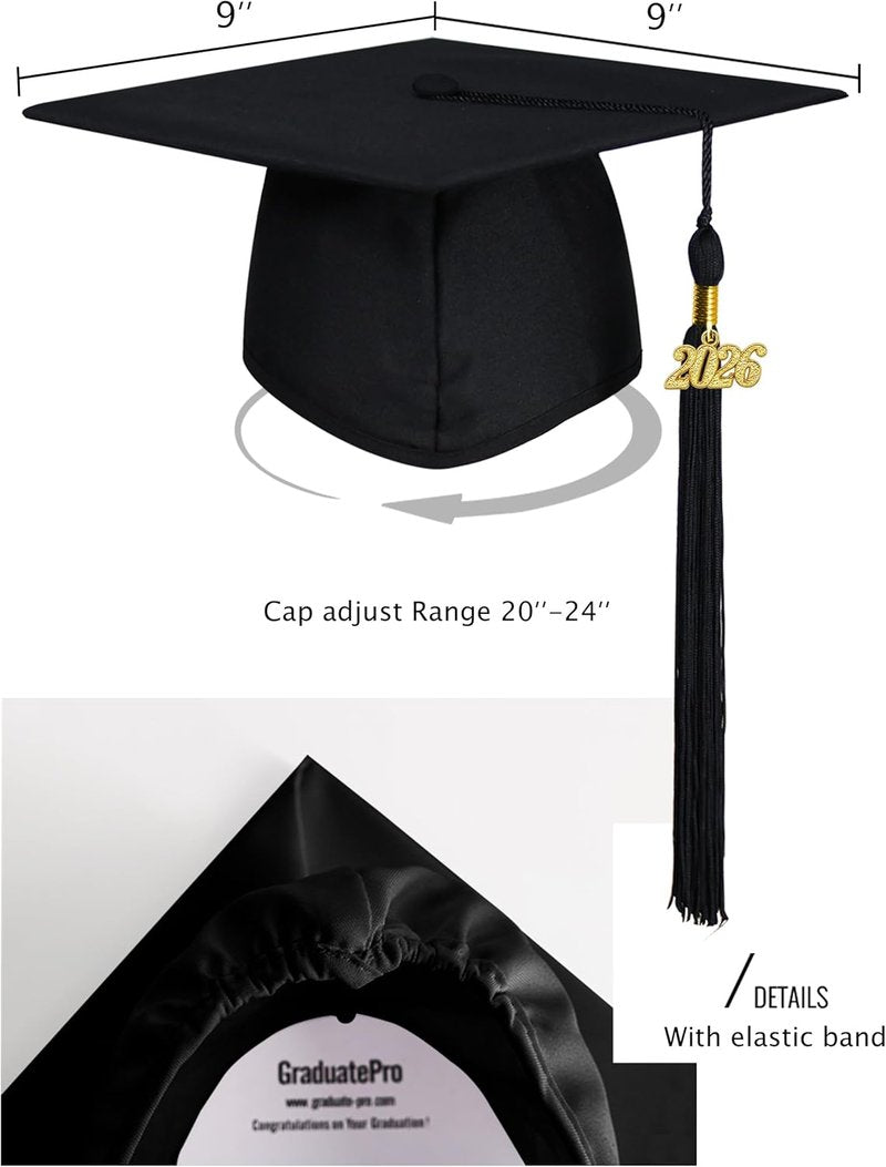 GraduatePro Matte Graduation Cap - 2026 Tassel for Adults | Available in 12 Colors for High School & College