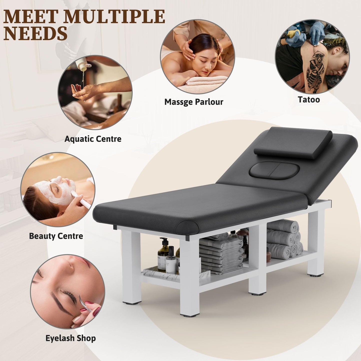 Wide Stationary Massage Table -Professional Massage Table with Adjustable Backrest & Under-Table Storage Space, Treatment Tables with 6 Sturdy Metal Legs and Pu Leather for Physical Therapy, Tattoo