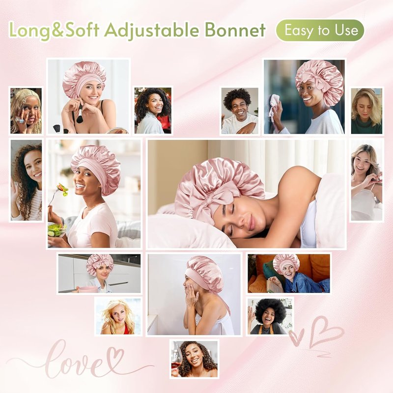 Silk Bonnet for Sleeping | Adjustable Satin Night Cap for Curly Hair - Cream Pink