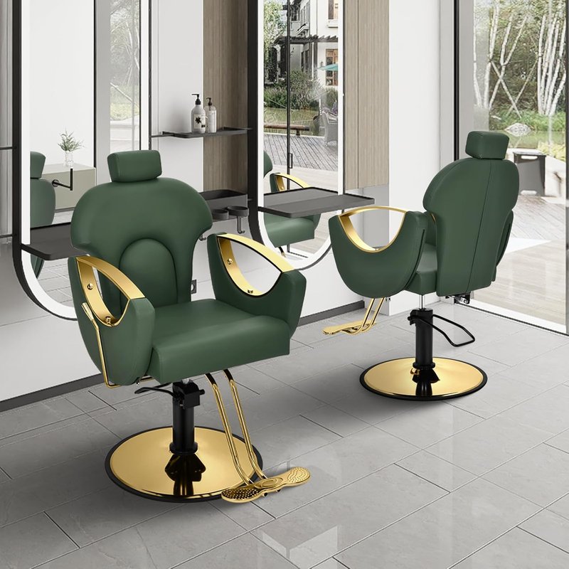 Salon Chair for Hair Stylist - 360° Swivel Reclining Barber Chair | Height Adjustable Spa Beauty Equipment, Green Gold
