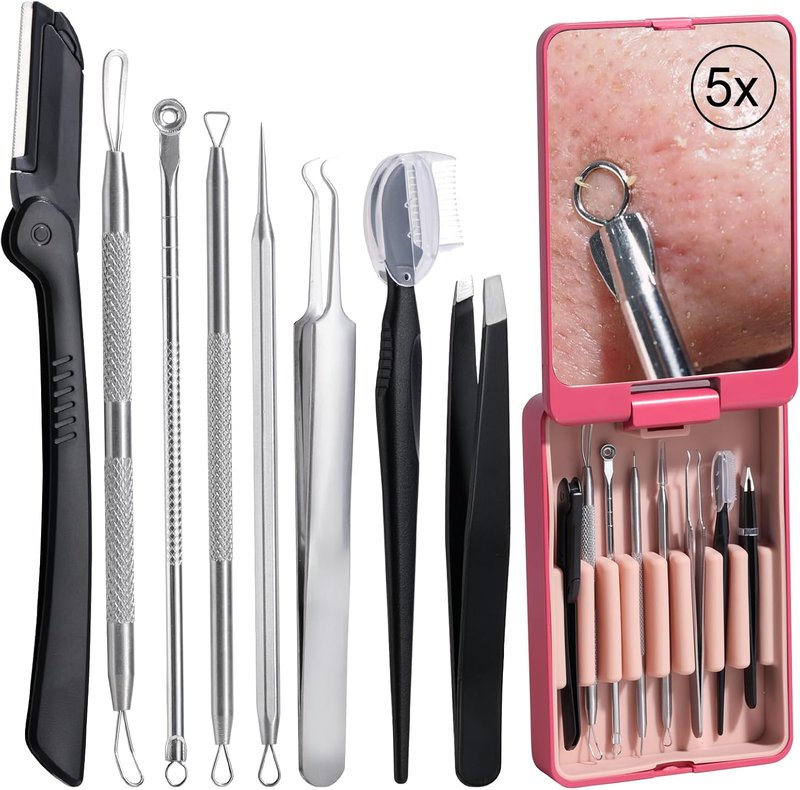 JPNK Blackhead Remover Tool Kit - 8-Piece Comedones Extractor & Eyebrow Trimmer with 5X Mirror (Silver)